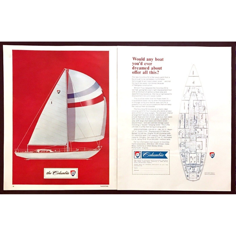 1966 Columbia 50 Luxury Yacht art & Interior Diagram 2-page vintage print ad